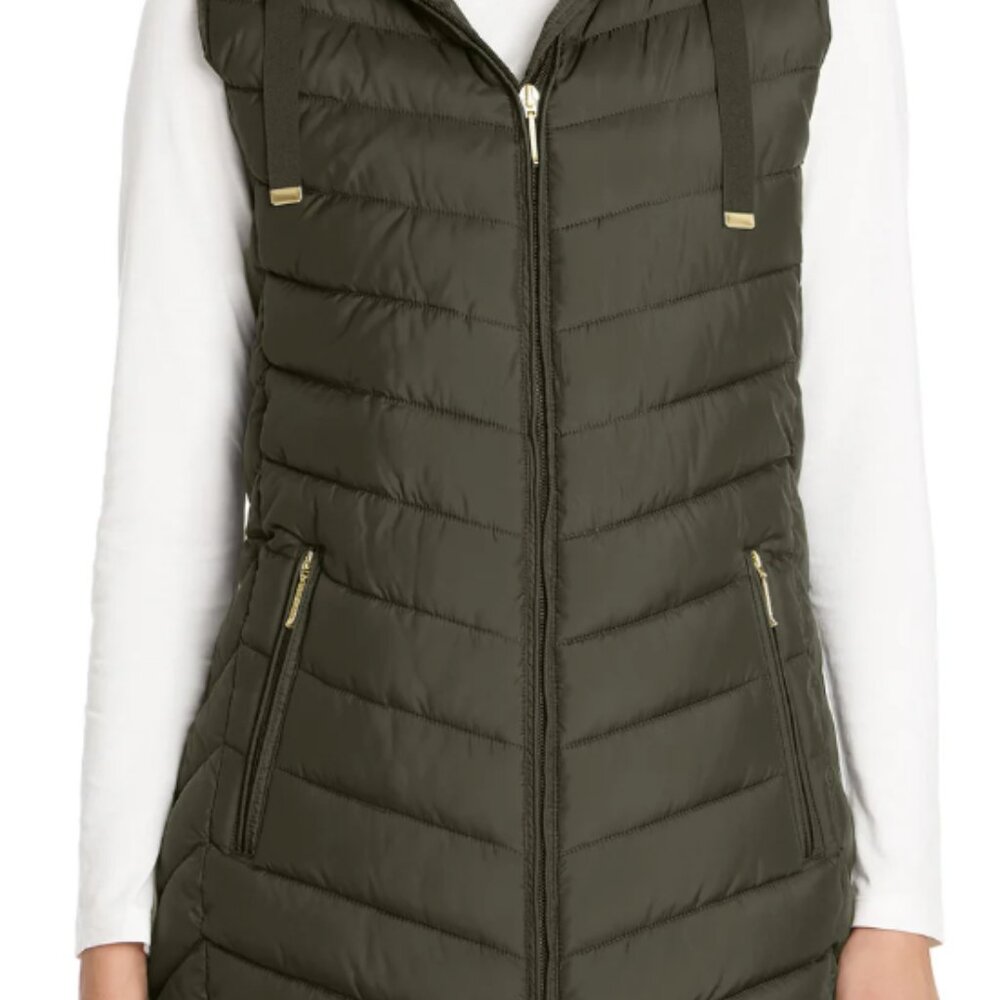 Weatherproof hooded chevron longline puffer vest in army green L large
